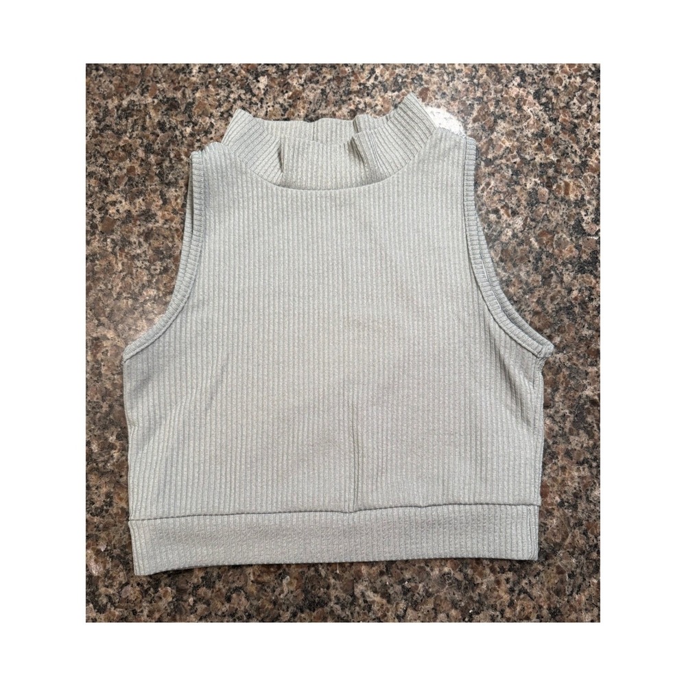 Sage Green Ribbed Mock Neck Sleeveless Crop Top Knit Tank Small